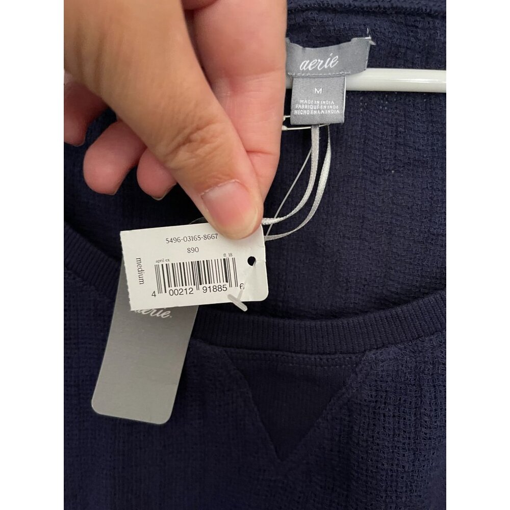 Aerie Women's Top Navy Blue Waffle Knit Short Sleeve Cotton Tee Size M New - Picture 4 of 9